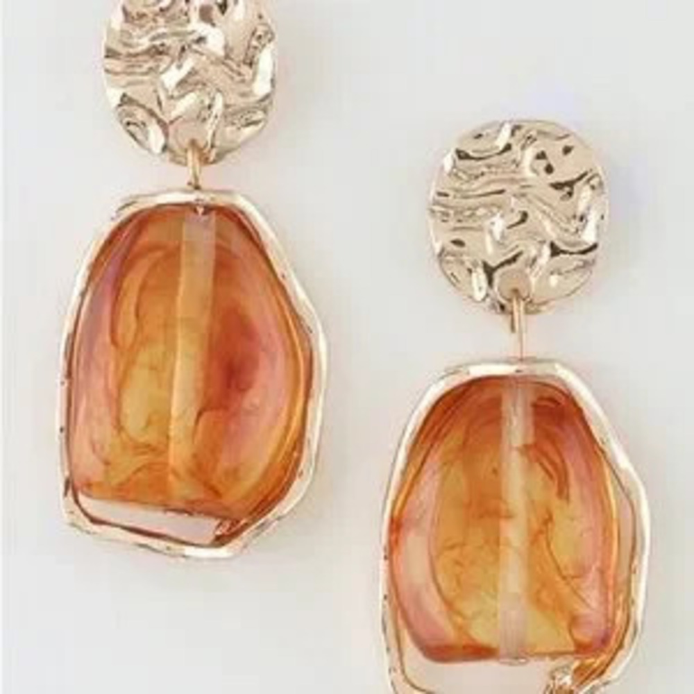Gold Brown Abstract Marble Stone Earrings (5035)